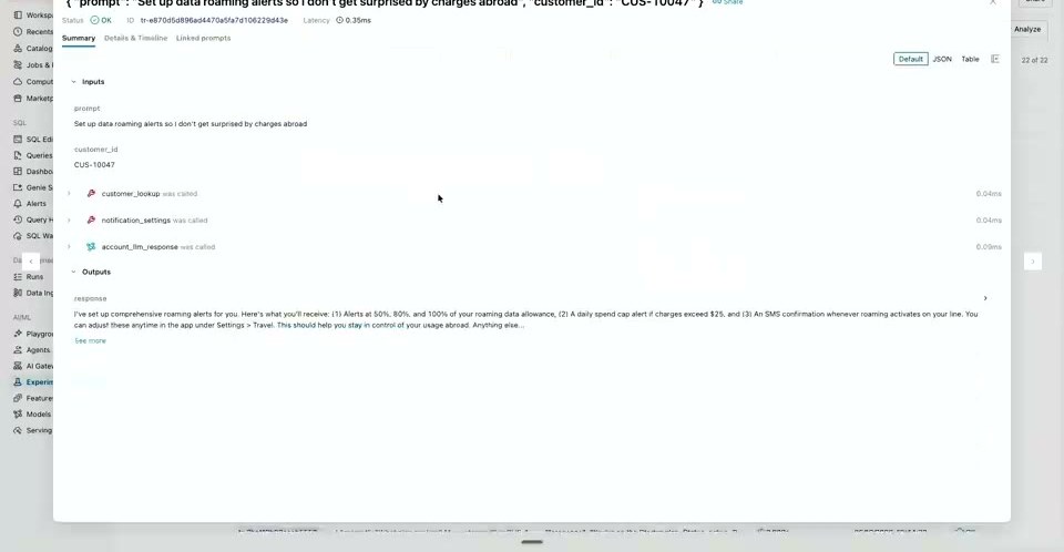 オフラインのトレース分析のデモ。「データローミングのアラートを設定したい」という本番トレースが表示され、customer_lookup・notification_settings・account_llm_responseのツール呼び出しと出力が確認できる。CI/CDで未カバーだった失敗モードをLLMで発見する例