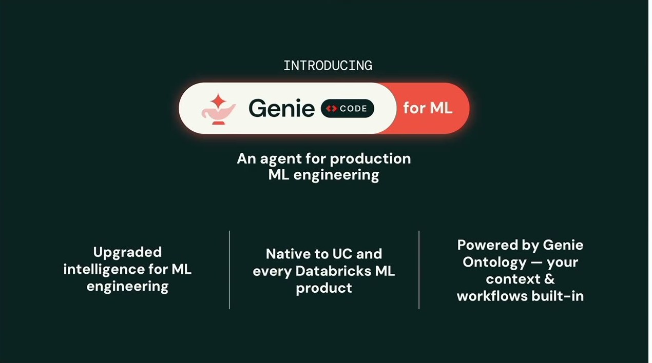 「INTRODUCING Genie Code for ML」のスライド。本番ML工学のためのエージェントで、Upgraded intelligence for ML engineering / Native to UC and every Databricks ML product / Powered by Genie Ontologyの3点を掲げる