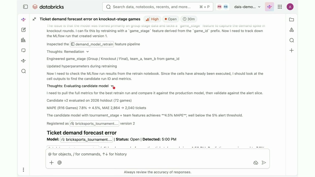 Genie ZeroOpsの思考ログのデモ画面。アラートを受けてgame_stage特徴量の欠落を診断し、demand_model_retrainパイプラインで再学習。候補v2は2026 holdout(72試合)でMAPE 7.8%→4.5%、MAE 2,864→2,040チケットに改善し、bricksports_tournament version 2として登録される