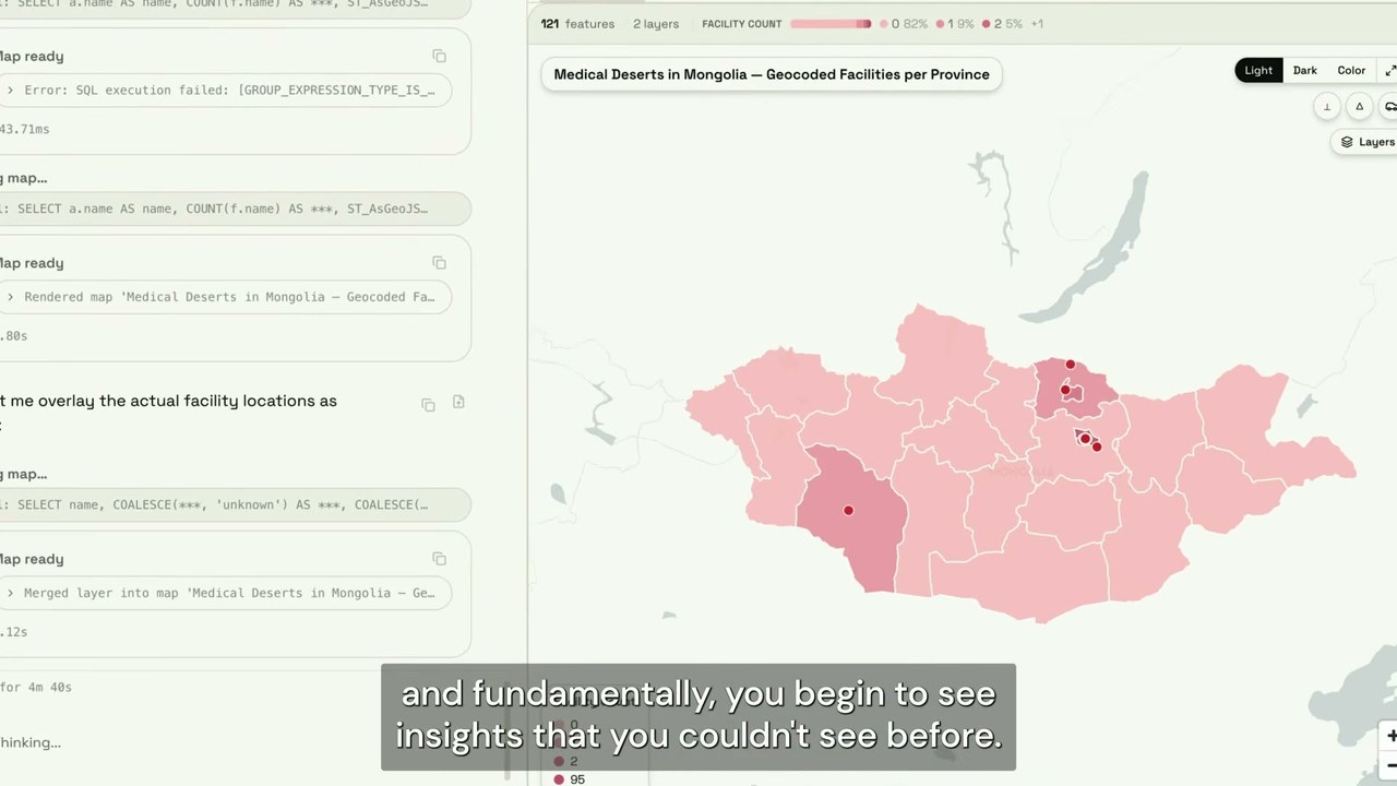 Virtue FoundationがGenieで生成した「モンゴルの医療過疎地」のコロプレス地図。121のフィーチャ・2レイヤーで州ごとの施設数を色分けし、施設位置を重ねて、これまで見えなかったインサイトを可視化