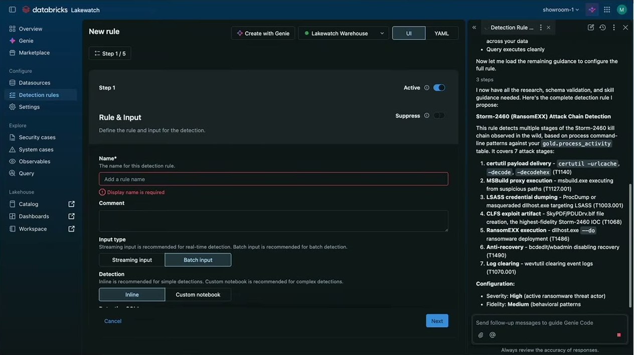 Lakewatchの検出ルール作成画面。「Create with Genie」でStorm-2460の検出を依頼すると、右パネルのGenie CodeがRansomEXX攻撃チェーンの7段階をMITRE ATT&CK(T1140/T1127.001/T1003.001/T1068/T1486など)に対応づけて提案する