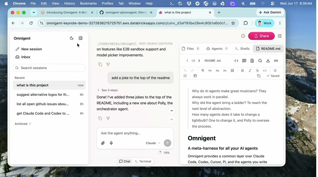 Omnigentのライブデモ。同一セッションをWeb UIで開いた画面で、左にセッション一覧、中央のチャットはREADMEへのジョーク追加指示に「Done! 3つのジョークを追加した」と応答済みで、右ペインにFiles/Agents/Shellsタブ付きのREADME.mdエディタが並ぶ。ターミナルとWebで入出力が同期している