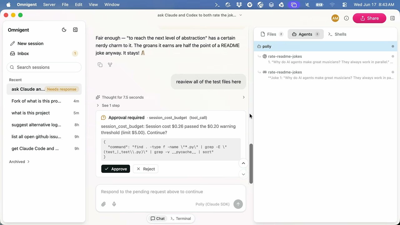 文脈依存ポリシーが発火した画面。「session_cost_budget:セッションコスト$0.26が警告しきい値$0.20を超過(上限$5.00)。続行?」と表示し、テスト列挙コマンドにApprove/Rejectのボタンを添える。コスト超過を理由にツール呼び出しをゲートしている