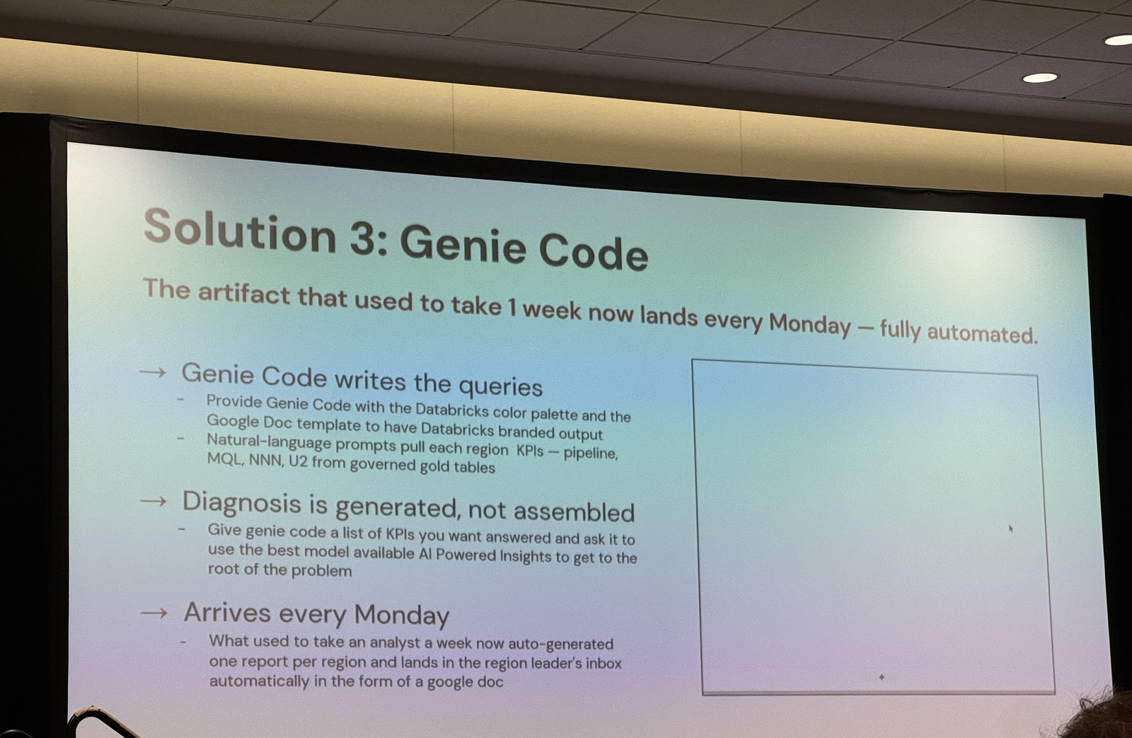 Genie Codeによる週次レポート自動化。以前は1週間かかっていた成果物が、毎週月曜に地域ごと自動生成されるようになった