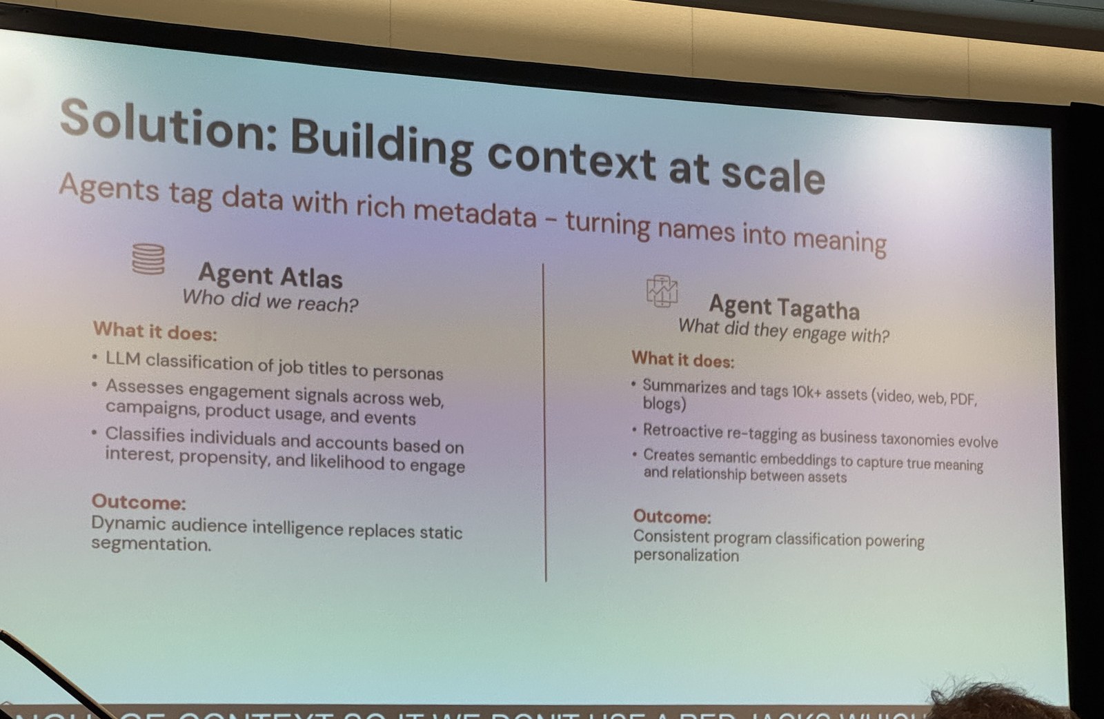 データに文脈を与える2つのエージェント。Agent Atlasは「誰に届いたか」、Agent Tagathaは「何に反応したか」を担う