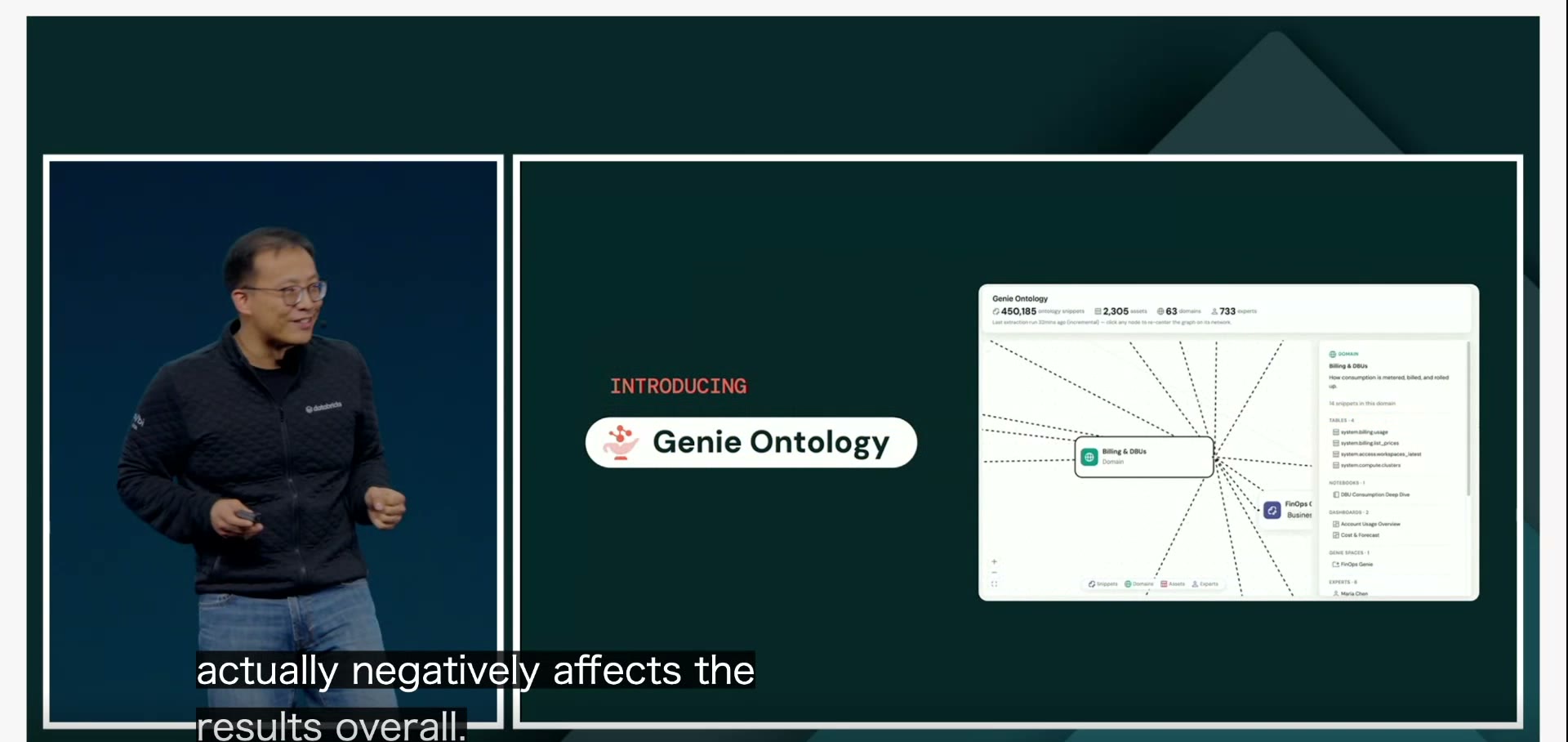 「INTRODUCING Genie Ontology」の発表スライド。右の UI には 450,185 のオントロジー断片、2,305 の資産、63 ドメイン、733 人のエキスパート、そして請求・DBU領域のノードグラフと system.billing.usage などの関連資産が並ぶ
