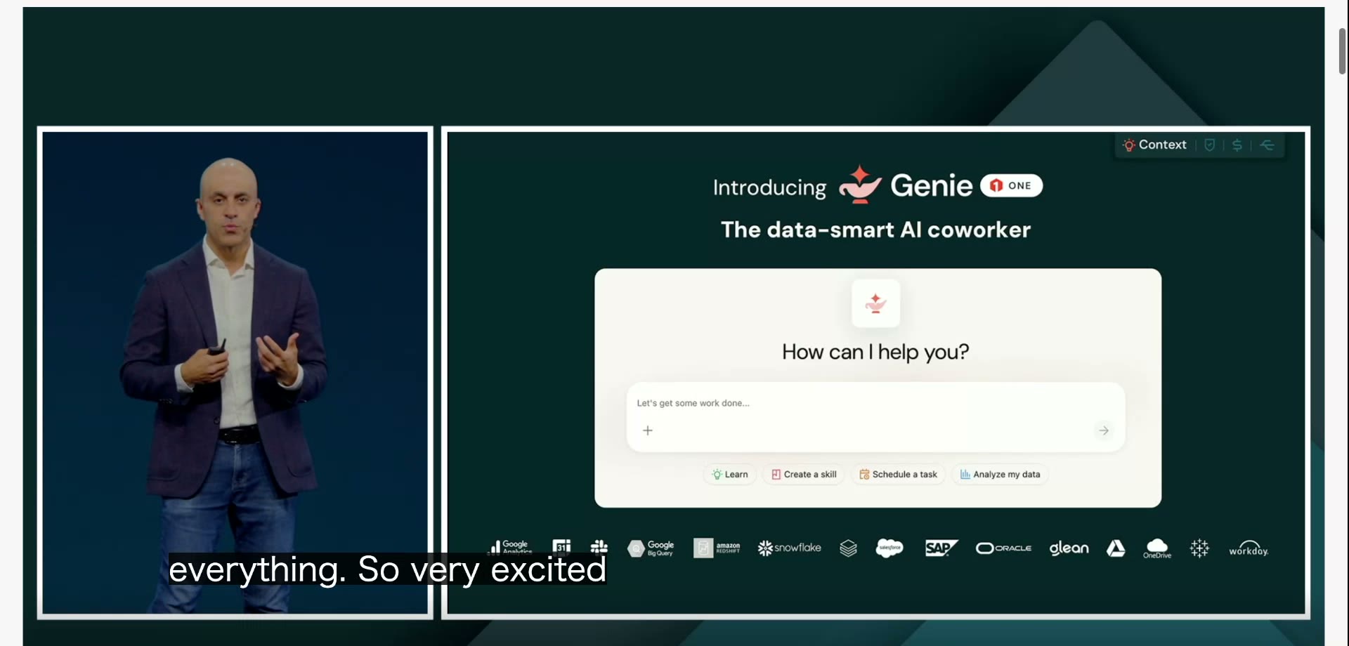 「Genie One」の発表スライド。「How can I help you?」のチャット入力欄と、Learn/Create a skill/Schedule a task/Analyze my data のボタン。下部には Snowflake・SAP・Oracle・Workday・BigQuery・Salesforce など、つながる先のロゴがずらりと並ぶ。