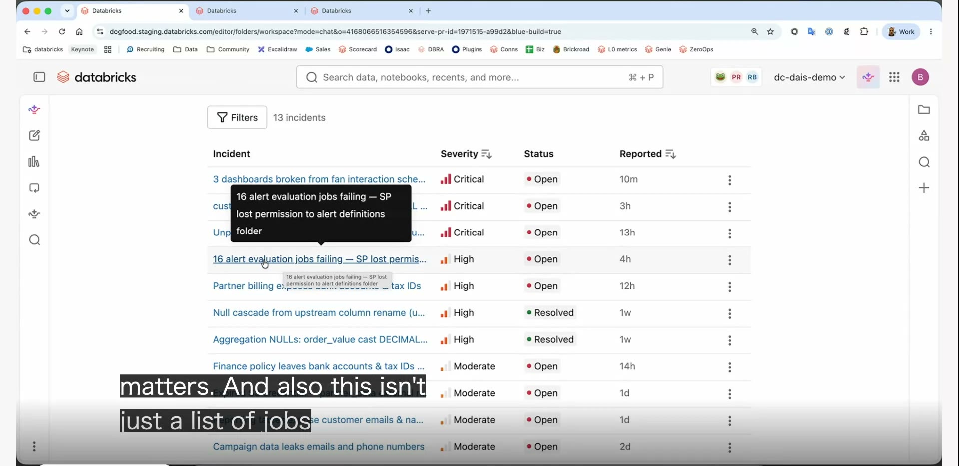 ZeroOpsのインシデント一覧(このデモでは13件)。深刻度(Critical/High/Moderate)の順に、受信箱のように並ぶ