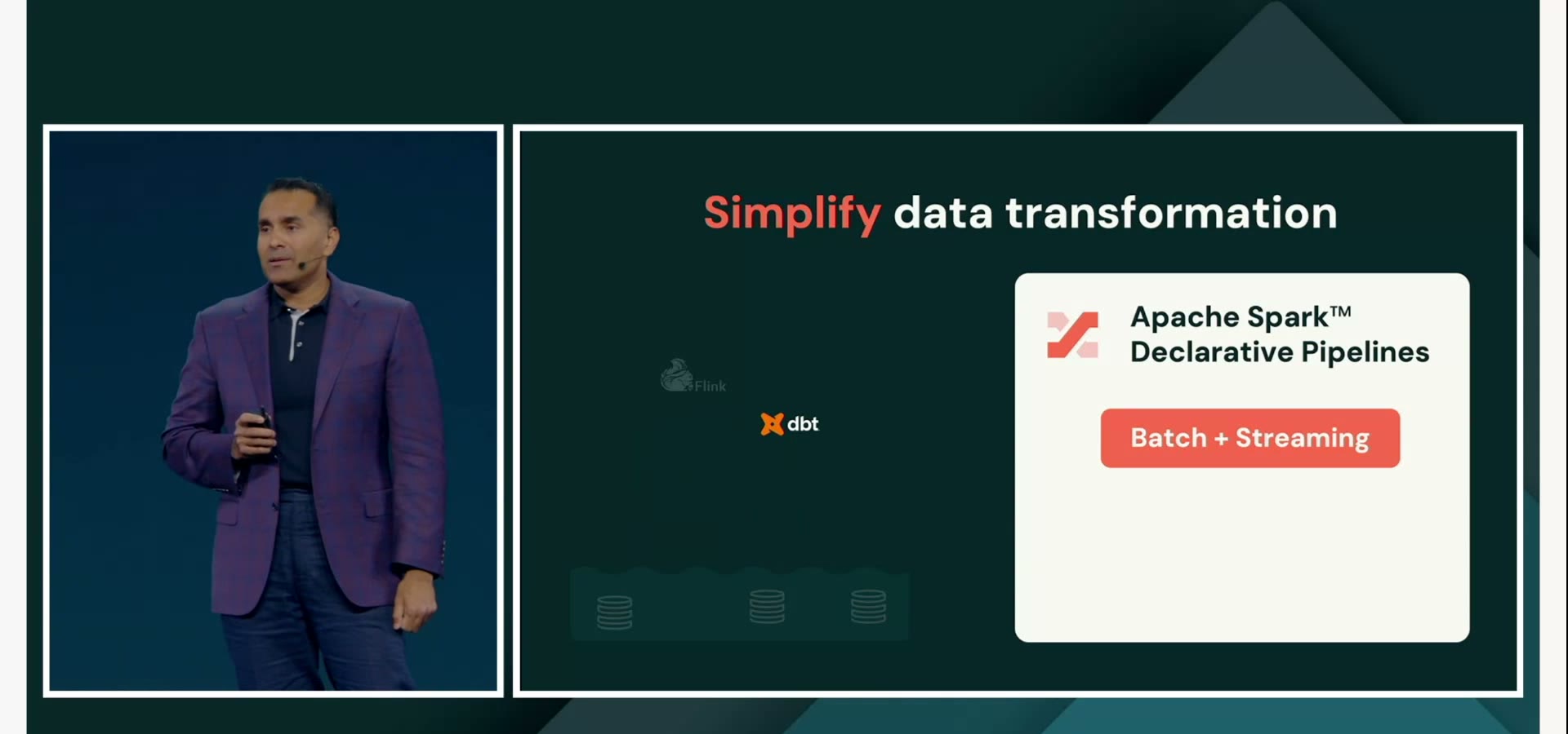 登壇者の横に「Apache Spark Declarative Pipelines」のカードと赤いバッジ「Batch + Streaming」。バッチとストリーミングを同じ基盤で扱える点を強調したスライド