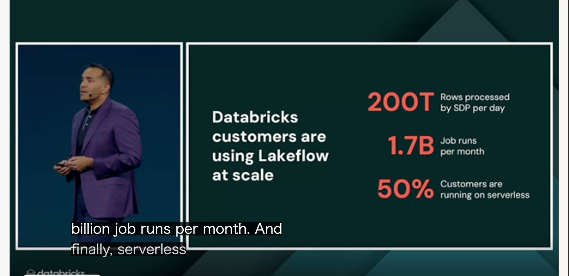 Lakeflowの利用規模を示す数値スライド。1日あたり200兆行をSDPで処理、月17億回のジョブ実行、顧客の50%がサーバーレスで稼働