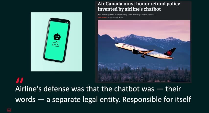 「Air Canada must honor refund policy invented by airline's chatbot」のスライド。チャットボットが“発明”した払い戻しポリシーを巡り、2024年2月に航空会社へ履行が命じられたニュースを引く