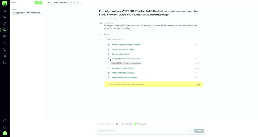 Stardog Cloudのデモ画面。ウィジェットインスタンスに関する問いに対し、TRACEとして8ステップ（54.93秒）の処理——part assembly・order shipment・facilityのスキーマ参照、各クエリ実行、出荷の探索——が展開され、推論過程が逐一観測できる