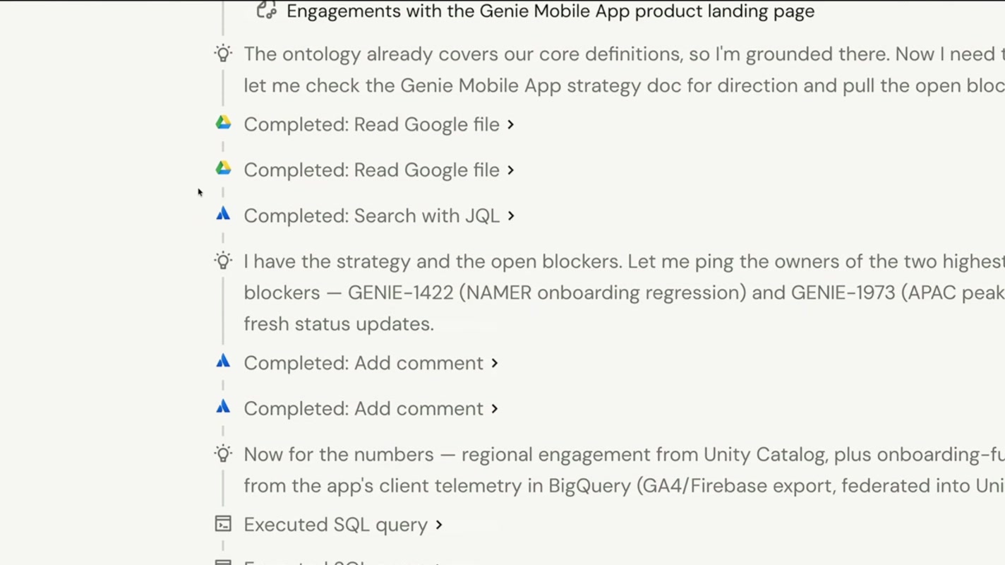 Genie One がツールを呼び出していく様子(Searching Genie Ontology / Read Google file / JQL / SQL)
